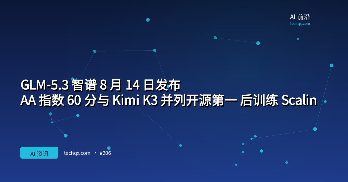 GLM-5.3 智谱 8 月 14 日发布:AA 指数 60 分与 Kimi K3 并列开源第一,后训练 Scaling 路线确认